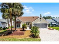 Charming single-story home with paver driveway, palm trees, and well-maintained landscaping at 815 Cortez Ave, Lady Lake, FL 32159