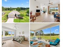 Collage of the home's exterior, living room, main bedroom and screened-in patio that highlight its key features and spaces at 8779 Se 141St Lane Rd, Summerfield, FL 34491