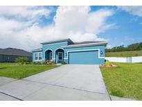 Charming blue single Gathering home with well manicured lawn and landscaping at 6042 Claystone Way, Mount Dora, FL 32757
