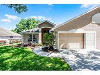 Charming single-story home featuring a well-manicured lawn, tasteful landscaping, and an attached two-car garage at 8527 Firestone Cir, Clermont, FL 34711