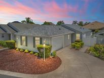 Charming single-story home featuring manicured landscaping and a cozy, inviting curb appeal at sunset at 1713 Jadestone Ter, The Villages, FL 32162