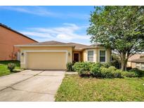 Charming single-story home with a well-maintained lawn, two-car garage and a welcoming entrance at 236 Savannah Preserve Loop, Davenport, FL 33837