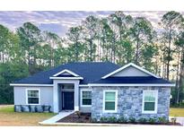 Charming single-story home featuring stone accents and a well-manicured lawn with a backdrop of mature trees at 41346 Persimmon St, Eustis, FL 32736