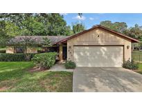 Inviting one-story home featuring a two-car garage, manicured lawn, and mature landscaping at 501 Cherry Tree St, Eustis, FL 32726