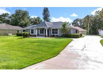 Charming single-story home with a lush green lawn, mature trees, and a long driveway leading to the entrance at 2024 Meadowside Dr, Eustis, FL 32726