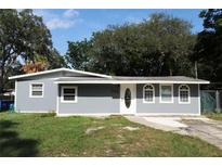 Charming single-story home featuring a gray exterior, well-maintained lawn, and a welcoming front entrance at 23515 Poinsettia Ave, Fruitland Park, FL 34731