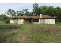 Wide exterior shot of single-story house with overgrown yard and dated architectural features at 15587 Se 150Th Ave, Weirsdale, FL 32195