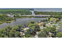 Aerial view of a waterfront property surrounded by lush trees, with serene lake views at 31941 Tropical Shores Dr, Tavares, FL 32778