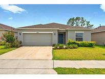 Charming single-story home with a well-manicured lawn, a two-car garage, and beautiful landscaping at 33960 Sky Blossom Cir, Leesburg, FL 34788