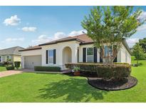 Beautifully landscaped home exterior featuring a well-maintained lawn, mature trees, and elegant architectural features at 11313 Little Nellie Dr, Clermont, FL 34711