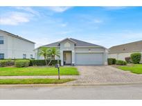 Charming single-story home with a well-manicured lawn, mature palm trees, and a brick-paved driveway at 802 Balmoral Dr, Davenport, FL 33896