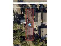 An aerial view shows the property lot and surrounding neighborhood with mature trees at 220 E Woodward Ave, Eustis, FL 32726