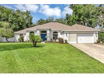 Beautifully landscaped front yard featuring a well-maintained lawn and a charming home with a blue front door at 34231 Shadewood Cir, Leesburg, FL 34788