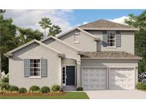 Charming two-story home with a two-car garage, beautiful landscaping, and gray siding at 5035 Firebush Dr, Apopka, FL 32712