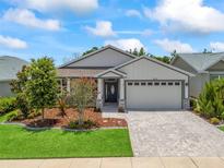 Charming single-story home with a well-manicured lawn, paver driveway and stylish gray and white exterior at 5019 Ne 125Th Loop, Oxford, FL 34484