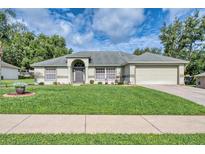Charming single-story home with a well-manicured lawn, attached two car garage, and inviting entryway at 1132 Hill Mount Dr, Minneola, FL 34715