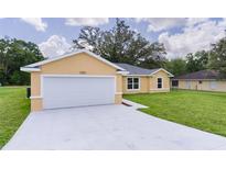 A charming one-story home showcasing a two-car garage, fresh exterior paint, and lush green lawn at 14631 Se 95Th Ct, Summerfield, FL 34491