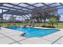 Screened pool with slide, waterfall feature, and spacious deck at 5429 County Road 125, Wildwood, FL 34785