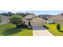 Charming one-story home featuring a well-manicured lawn and attached two-car garage at 9785 Pepper Tree Trl, Wildwood, FL 34785