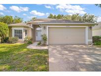 Charming single-story home featuring a well-maintained lawn, two car garage, and beautiful landscaping at 33234 Kaylee Way, Leesburg, FL 34788