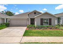 Charming single-story home featuring a well-manicured lawn and a two-car garage with neutral stucco exterior at 6946 Perch Hammock Loop, Groveland, FL 34736