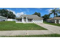 Charming single-story home with a well-manicured lawn and attached two car garage on a sunny day at 12512 Draw Dr Dr, Grand Island, FL 32735