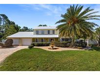 Inviting home featuring a well manicured lawn, mature palm trees, fountain, and a convenient two car garage at 15733 Tower View Dr, Clermont, FL 34711