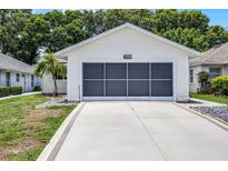 Garage of a one-story home featuring a large, screened-in garage door and concrete driveway at 5507 Laver St, Leesburg, FL 34748
