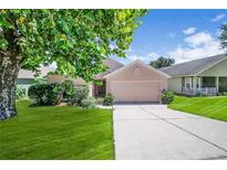 Charming single-story home featuring a well-maintained lawn and a two-car garage at 1055 Bluegrass Dr, Groveland, FL 34736