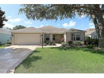 Charming single-story home with manicured lawn, mature trees, and a welcoming two-car garage at 1412 Forest Acres Dr, The Villages, FL 32162