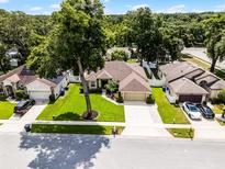 Aerial view of home with well-manicured lawn, mature trees, and a long driveway leading to the attached garage at 2389 Grand Poplar St, Ocoee, FL 34761