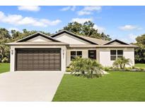 Charming single-story home with a well-manicured lawn, a two-car garage, and neutral-colored exterior at 321 Watershore Dr, Leesburg, FL 34748