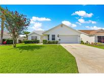 Charming single-story home with a well-maintained lawn, mature tree, and a two-car garage on a sunny day at 804 Santa Rita Way, Lady Lake, FL 32159
