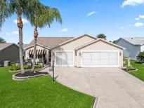 Charming home featuring a two-car garage, well-manicured lawn, and lush landscaping with swaying palm trees at 2620 Persimmon Loop, The Villages, FL 32162