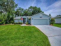 Charming single-story home with a well-manicured lawn, blue siding, and an attached two-car garage at 627 Timbercrest Dr, Leesburg, FL 34748