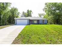 Charming single-story home featuring a two-car garage and a well-manicured lawn, nestled among mature trees at 8873 Sw 139Th Place Rd, Ocala, FL 34473