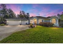 Exterior image featuring a manicured lawn, circular driveway, and three-car garage at 12880 Sw 66Th St, Ocala, FL 34481