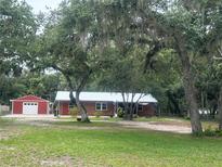 Charming single-story brick home featuring mature landscaping, a metal roof, and a detached two-car garage at 3123 Mar Lisa Cove Rd, Lake Wales, FL 33898