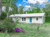 Charming single-story home with a metal roof, blue door, and a blooming bougainvillea bush in the front yard at 509 Mountain Dr, Babson Park, FL 33827