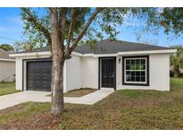 Charming single-story home featuring a black garage door and door, complemented by a well-manicured front yard and landscaping at 1217 Avenue J, Haines City, FL 33844