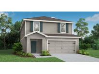 Two-story home with a two-car garage, neutral siding, blue shutters, and a covered entryway at 5105 Sylas Jax Ave, Winter Haven, FL 33884