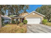Tan one-story house with a white garage door and landscaped lawn at 506 Pine Cone Dr, Davenport, FL 33897