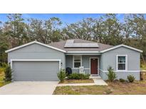 Single-story home with gray siding, solar panels, and a two-car garage at 812 Del Prado Dr, Kissimmee, FL 34758