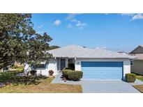 Charming home featuring a well-manicured lawn, blue garage door, and mature tree shading the front at 1847 Masters Ln, Lakeland, FL 33810