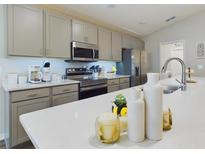 Bright kitchen features stainless appliances, gray cabinets, and white countertops at 2610 San Marco Way, Winter Haven, FL 33884