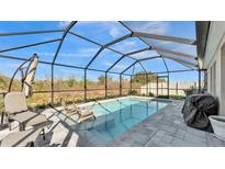 Enclosed pool with a screen enclosure, two lounge chairs, a grill, and an outdoor dining set at 5440 Siltstone St, Lakeland, FL 33811