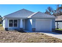 Newly constructed home with light blue exterior, attached garage, and landscaping at 2021 Alderman Rd, Auburndale, FL 33823