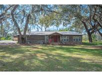 Charming single-story home with rustic wood siding, metal roof, and mature trees in a large front yard at 4075 Davis Rd, Mulberry, FL 33860