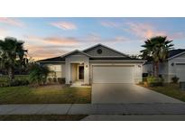 Charming single-story home featuring a two-car garage, well-manicured lawn, and tropical landscaping at 7187 Cruz Ct, Lakeland, FL 33813