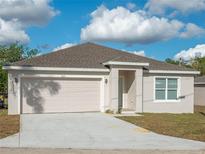 Charming single-story home featuring a neutral color scheme, a two-car garage, and a well-manicured lawn at 1013 Rhodes S Rd, Haines City, FL 33844
